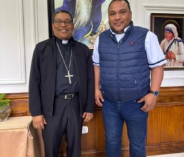 The Bishop of the Diocese of San Juan de la Maguana, Bishop Tomás Alejo Concepción, welcomes Fr. Leandro Marquez.
